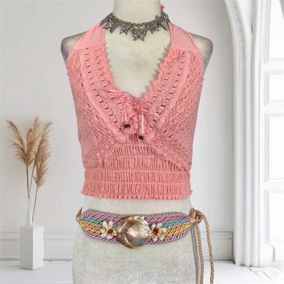Mermaid Siren Salmon Pink Crochet Lace Halter Mini Crop Cropped Top S / M - Picture 1 of 7